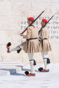 Evzone soldiers performing change of guard, Athens, Greece, Europe, Evzone soldiers performing change of guard, Athens, Greece, Europe,
